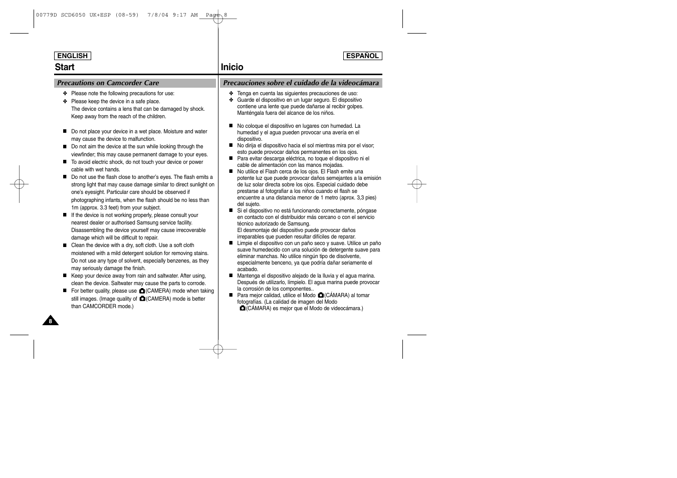 Start, Inicio | Samsung SCD6050 User Manual | Page 8 / 166