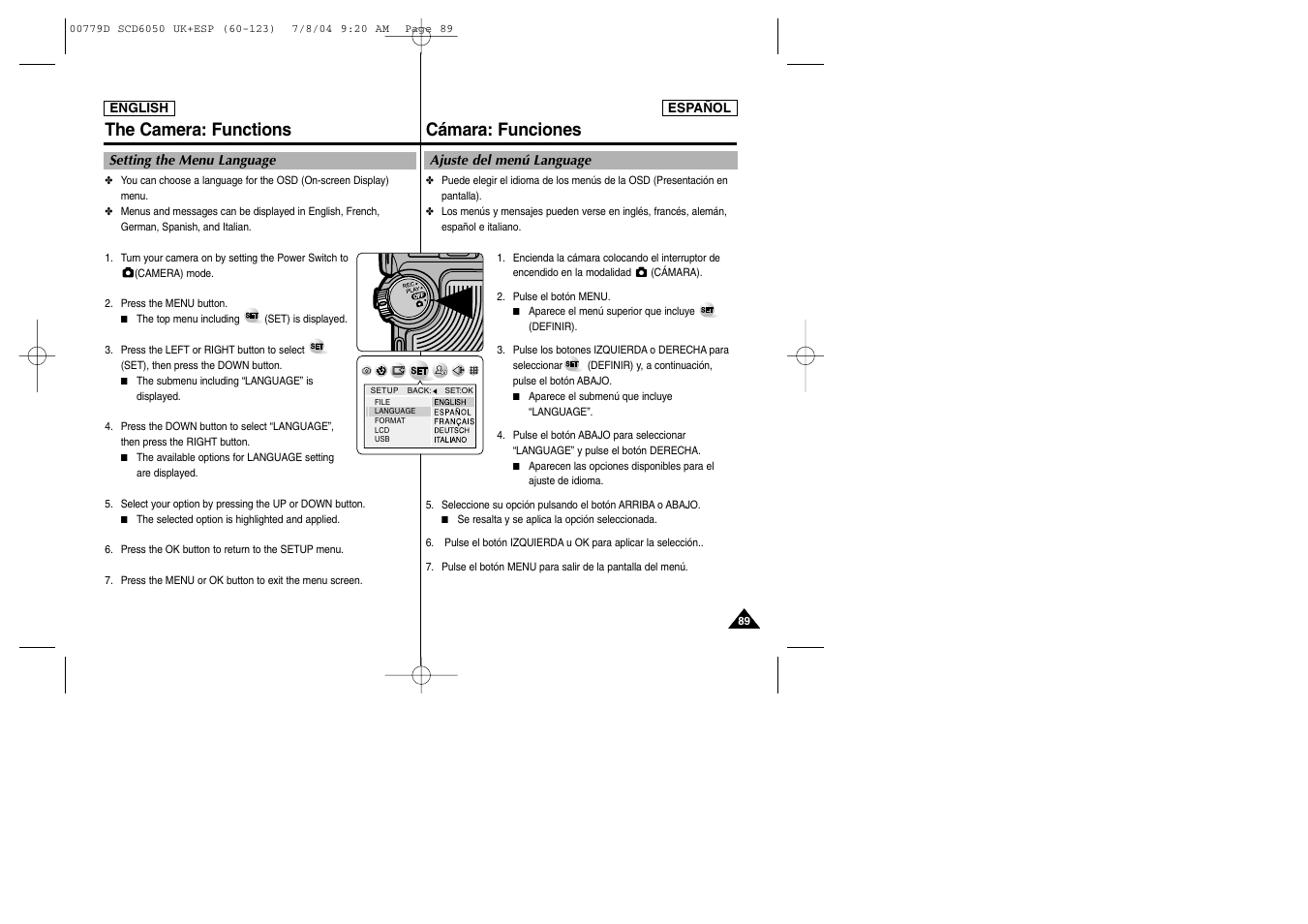 The camera: functions, Cámara: funciones | Samsung SCD6050 User Manual | Page 89 / 166