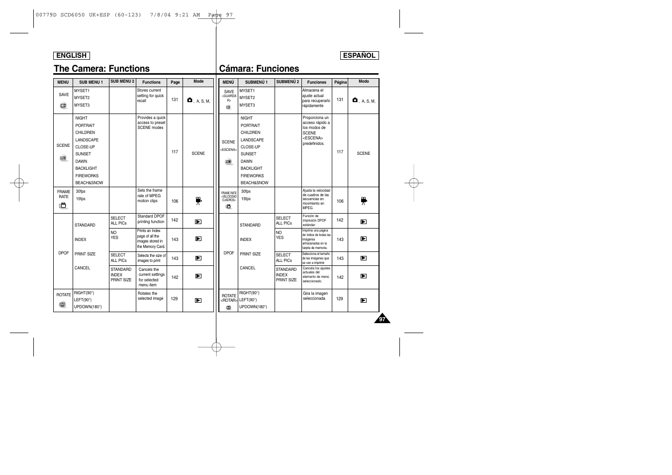 The camera: functions, Cámara: funciones | Samsung SCD6050 User Manual | Page 97 / 166