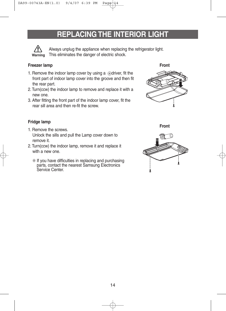 Replacing the interior light | Samsung DA99-00743A User Manual | Page 13 / 19
