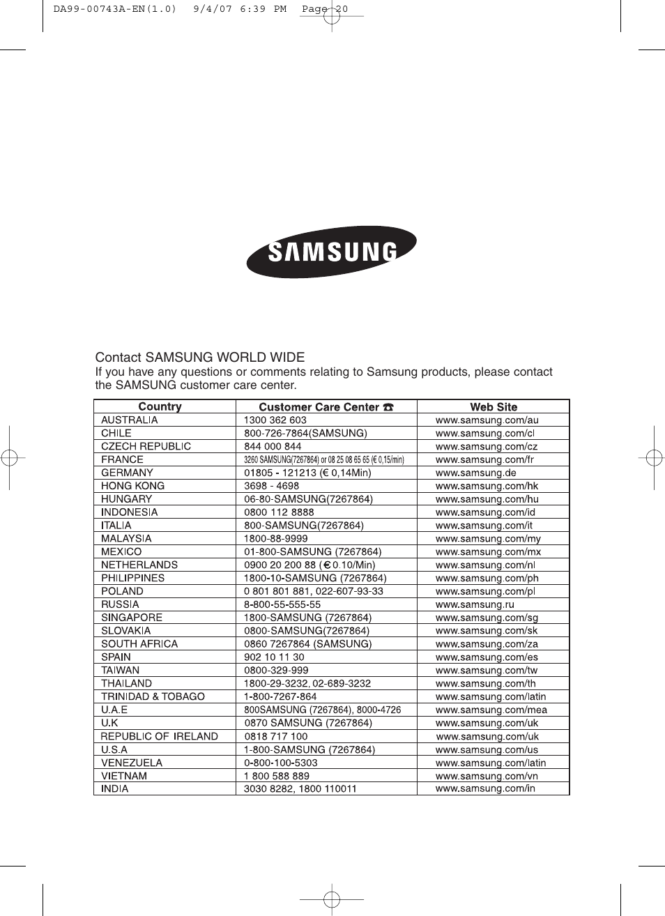 Samsung DA99-00743A User Manual | Page 19 / 19