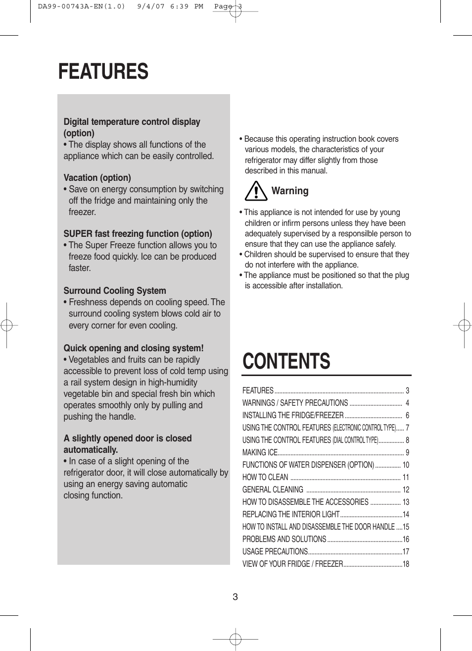 Features, Features contents | Samsung DA99-00743A User Manual | Page 2 / 19