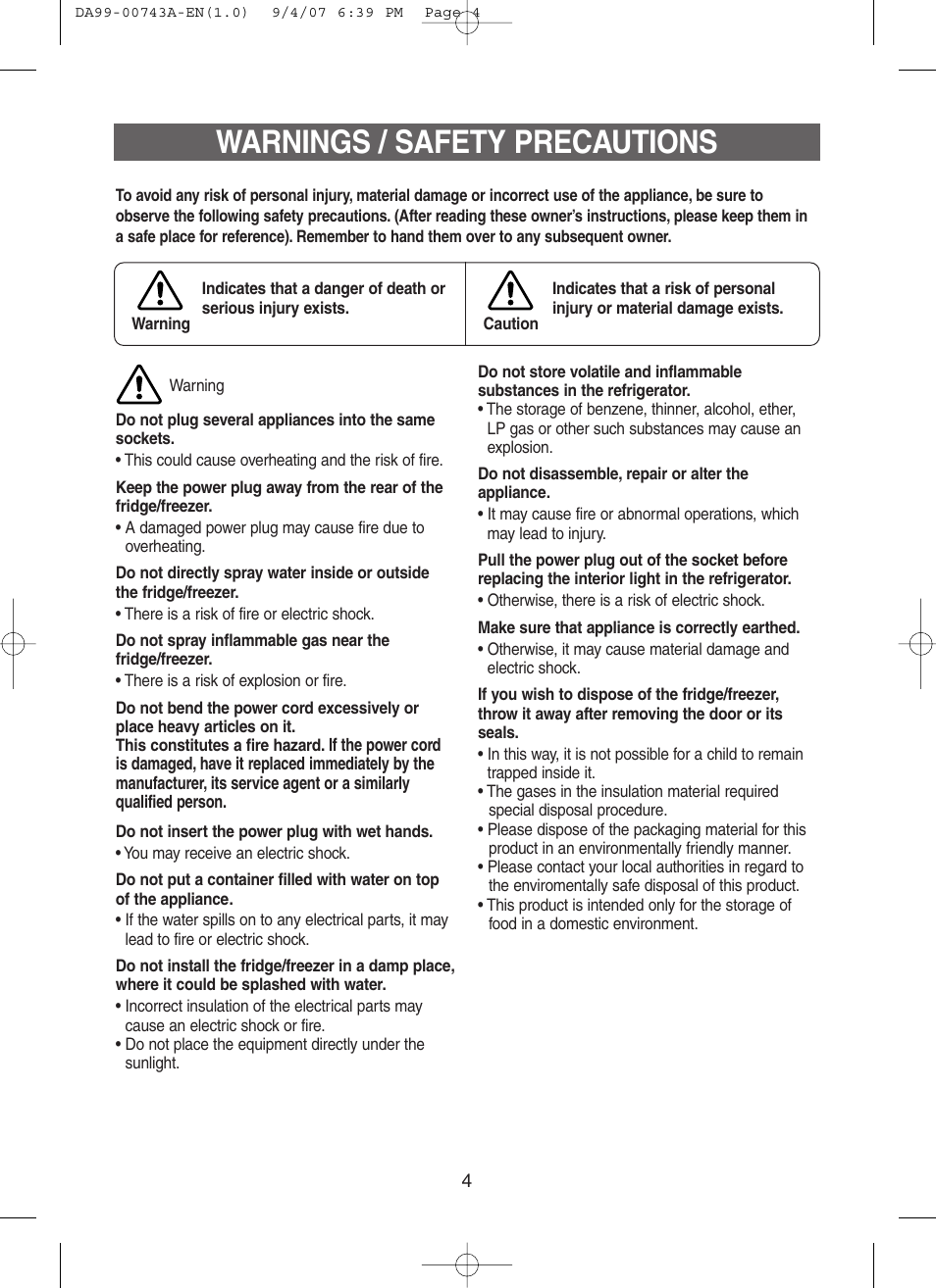 Warnings / safety precautions | Samsung DA99-00743A User Manual | Page 3 / 19