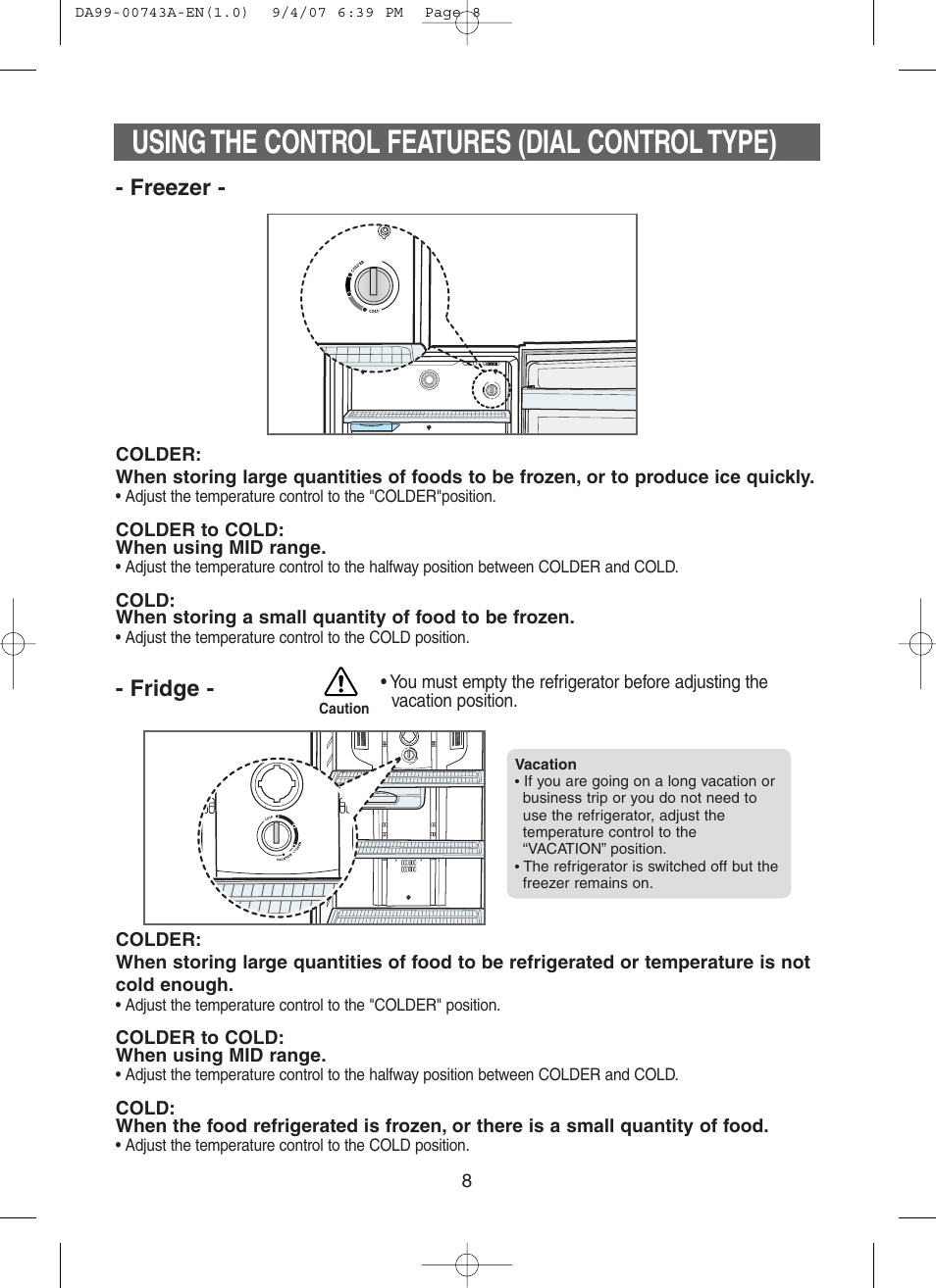 Using the control features (dial control type), Fridge - - freezer | Samsung DA99-00743A User Manual | Page 7 / 19