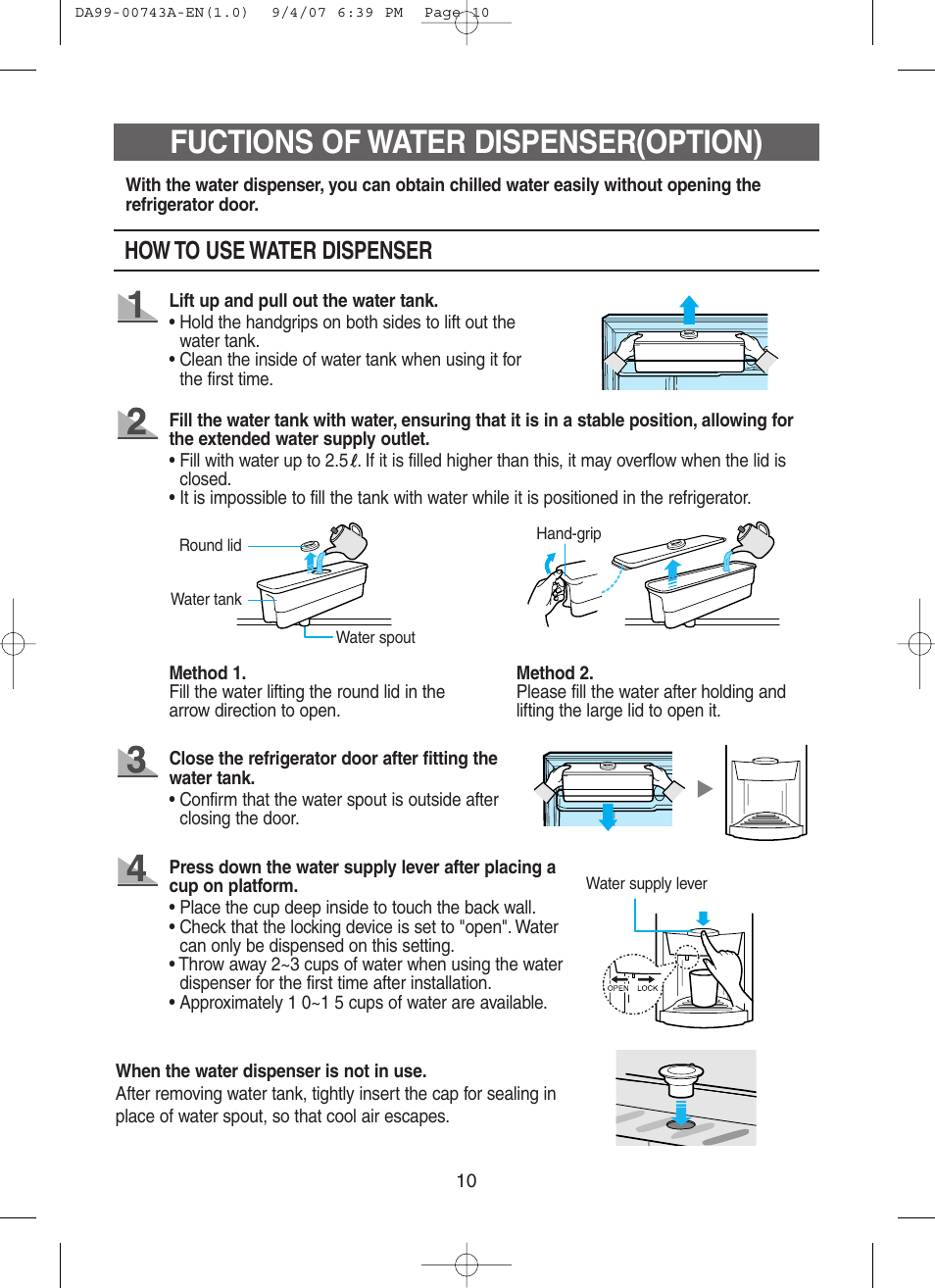 Fuctions of water dispenser(option), How to use water dispenser | Samsung DA99-00743A User Manual | Page 9 / 19