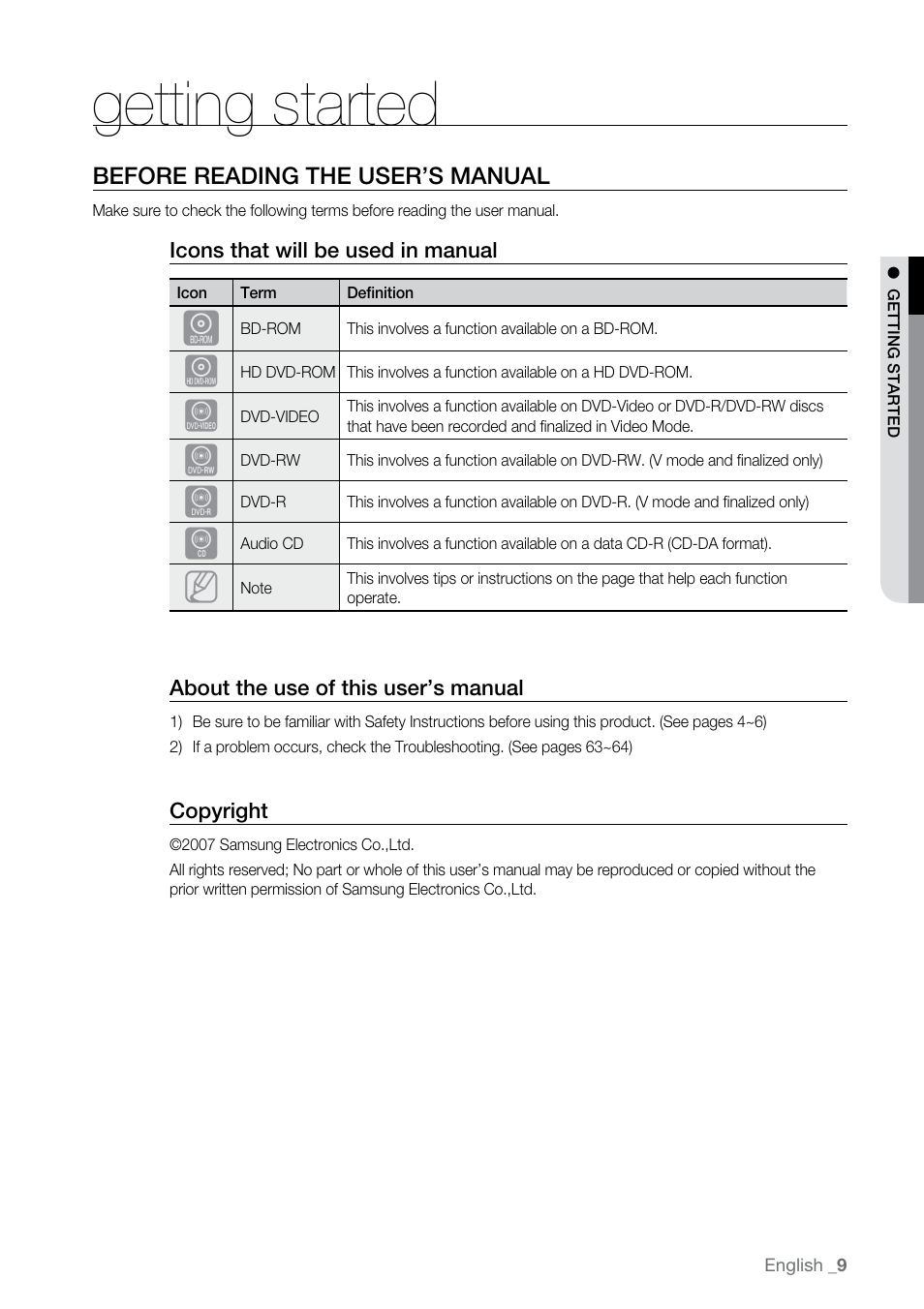 Getting started, Before reading the user’s manual | Samsung BD-UP5000 User Manual | Page 10 / 69