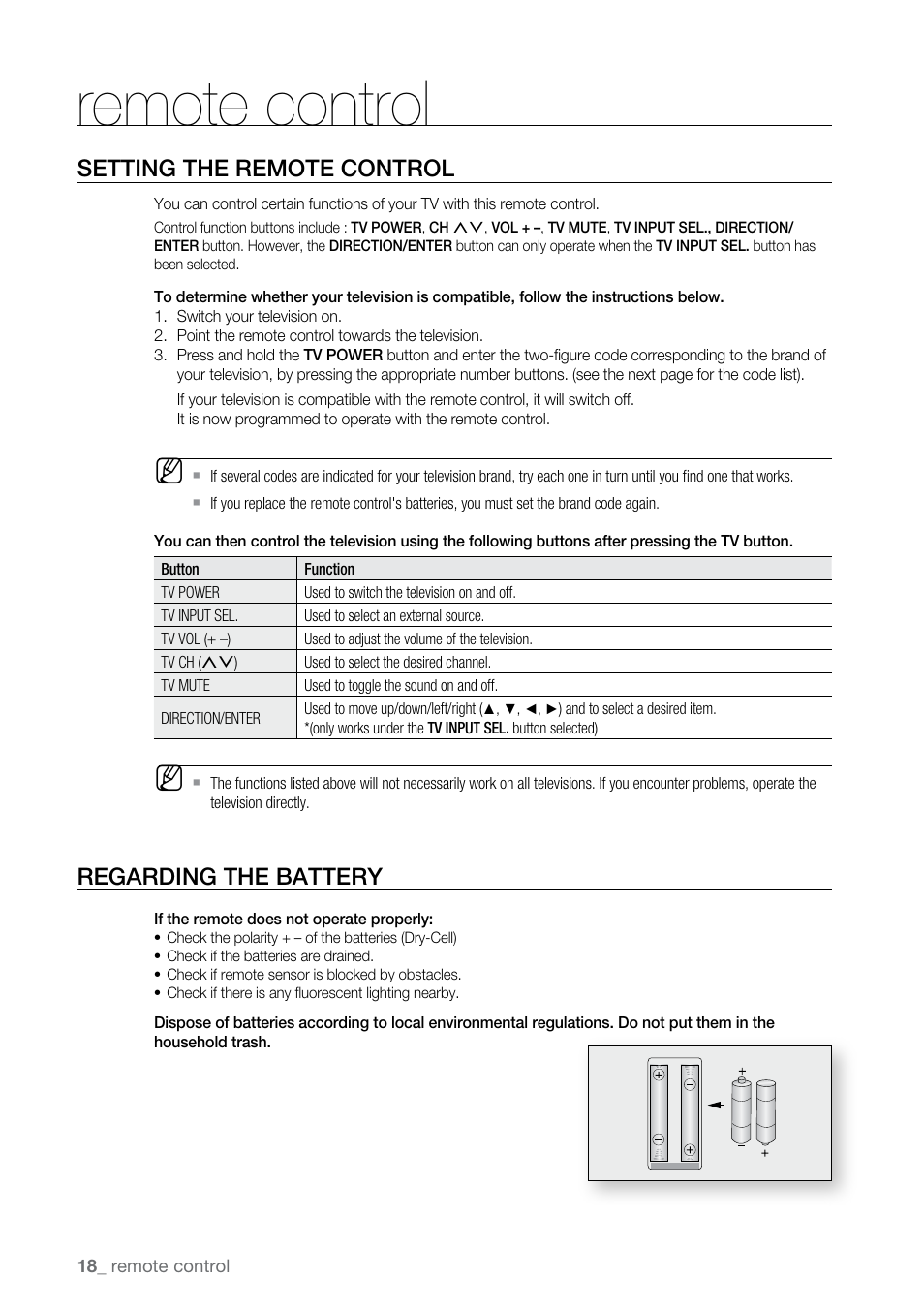 Setting the remote control, Regarding the battery, Remote control | Samsung BD-UP5000 User Manual | Page 19 / 69
