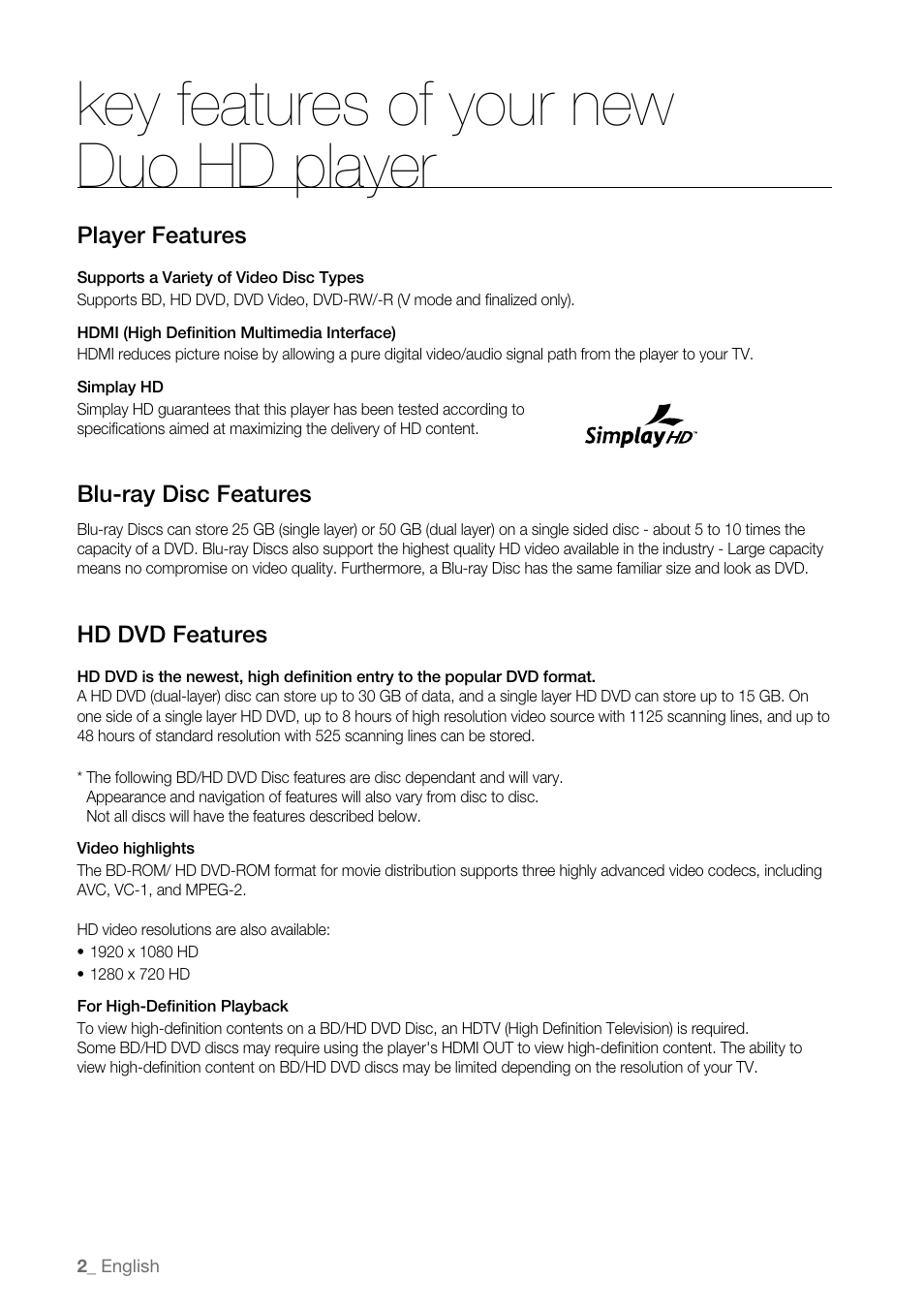 Key features of your new duo hd player | Samsung BD-UP5000 User Manual | Page 3 / 69