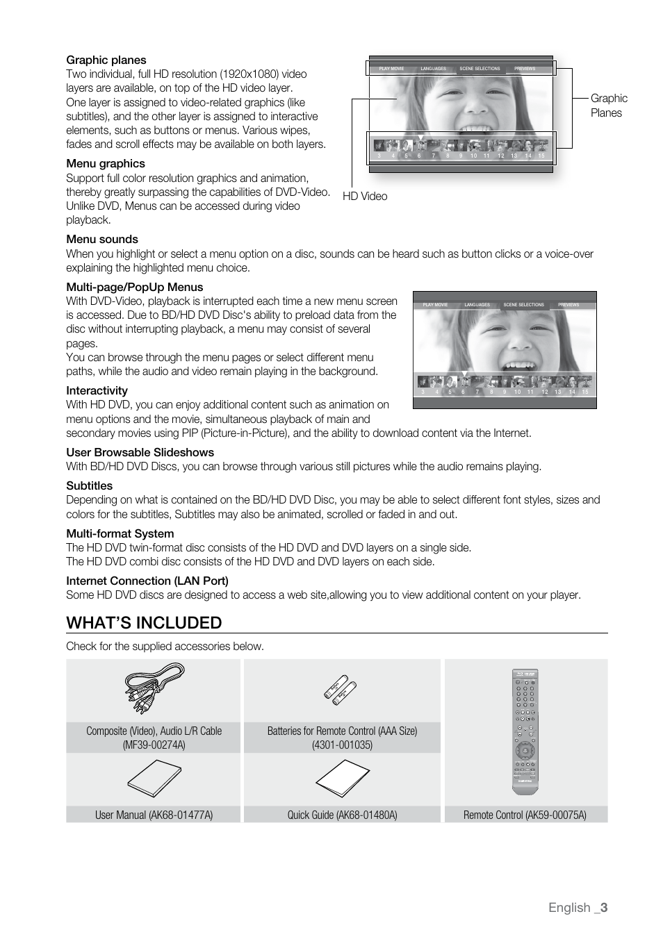 What’s included, English, Hd video graphic planes | Samsung BD-UP5000 User Manual | Page 4 / 69