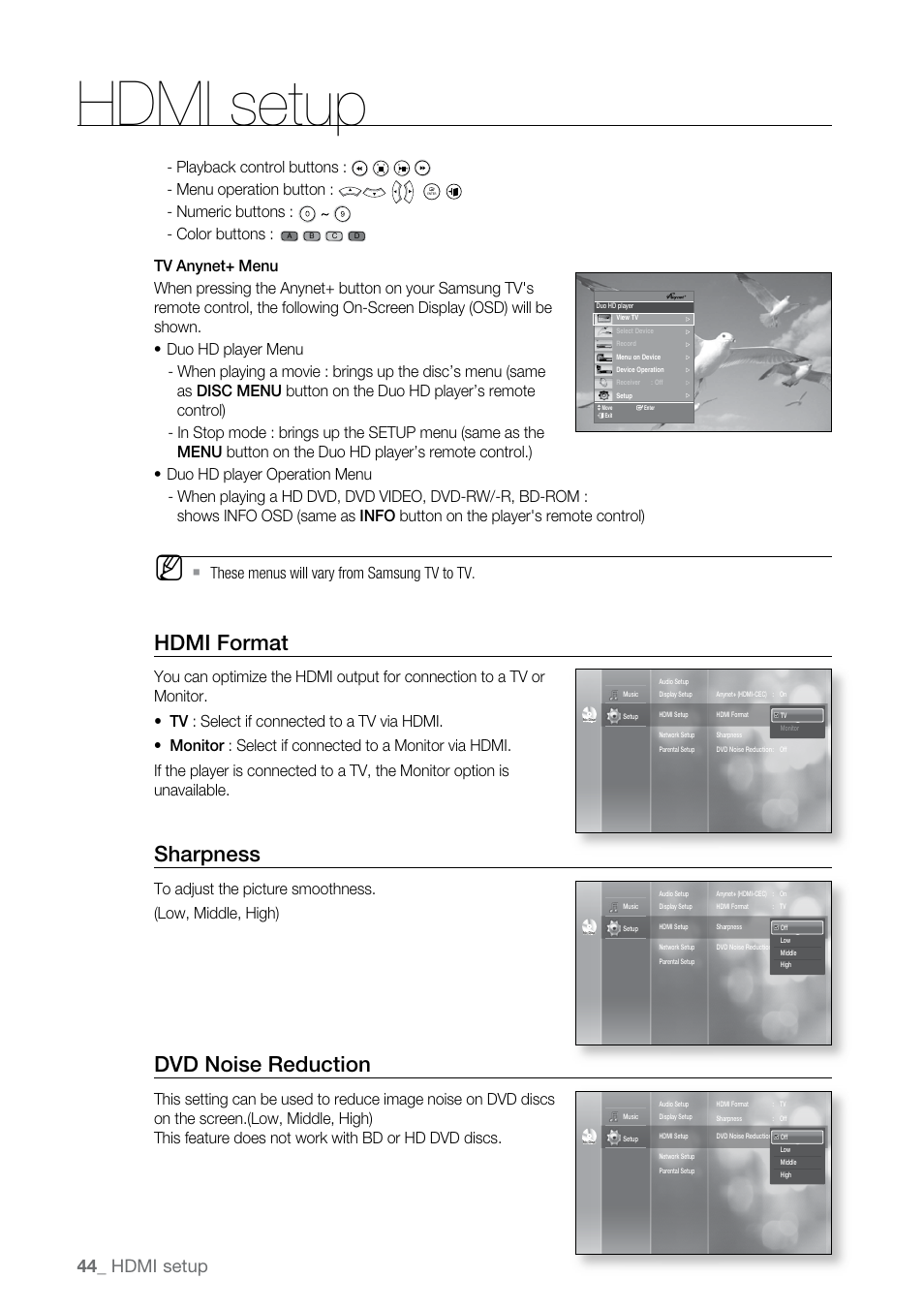 Hdmi format, Sharpness, Dvd noise reduction | Hdmi setup, Playback control buttons, Menu operation button, Numeric buttons, Color buttons | Samsung BD-UP5000 User Manual | Page 45 / 69