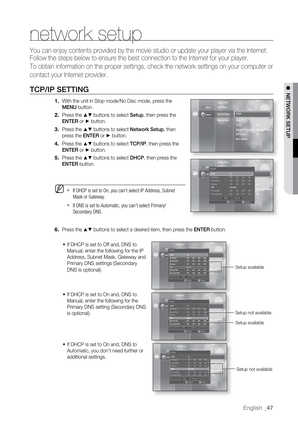 Network setup, Tcp/ip setting, English | N e twork s e tup, Setup not available setup available, Setup available, Setup not available | Samsung BD-UP5000 User Manual | Page 48 / 69