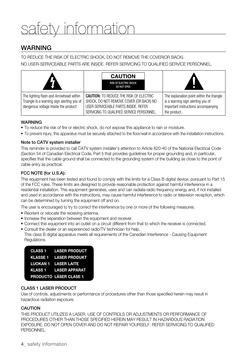 Safety information, Warning | Samsung BD-UP5000 User Manual | Page 5 / 69