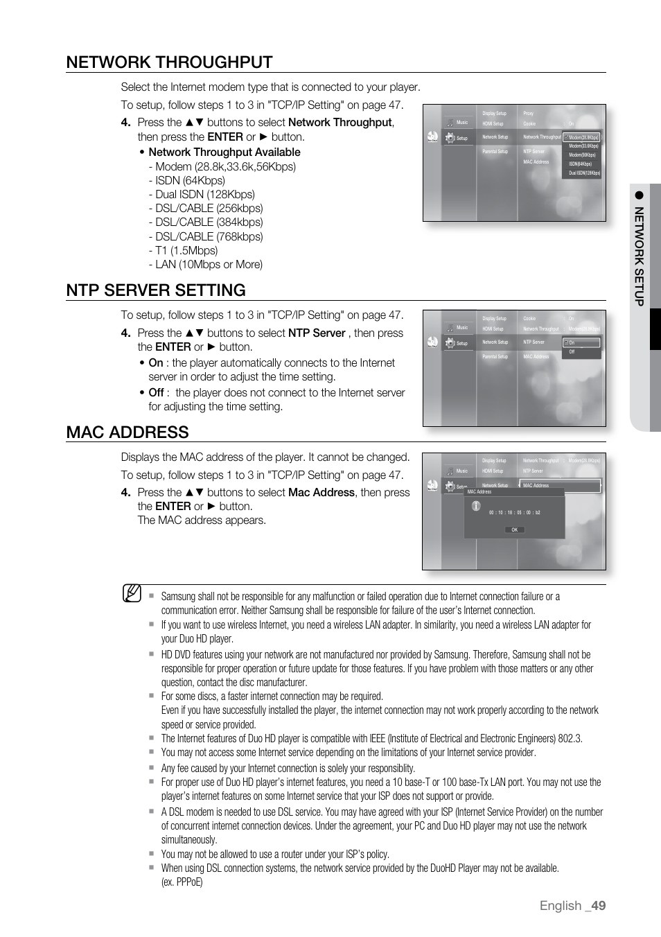 Network throughput, Ntp server setting, Mac address | English, N e twork s e tup | Samsung BD-UP5000 User Manual | Page 50 / 69