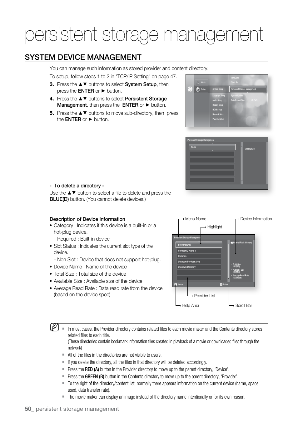 Persistent storage management, System device management | Samsung BD-UP5000 User Manual | Page 51 / 69