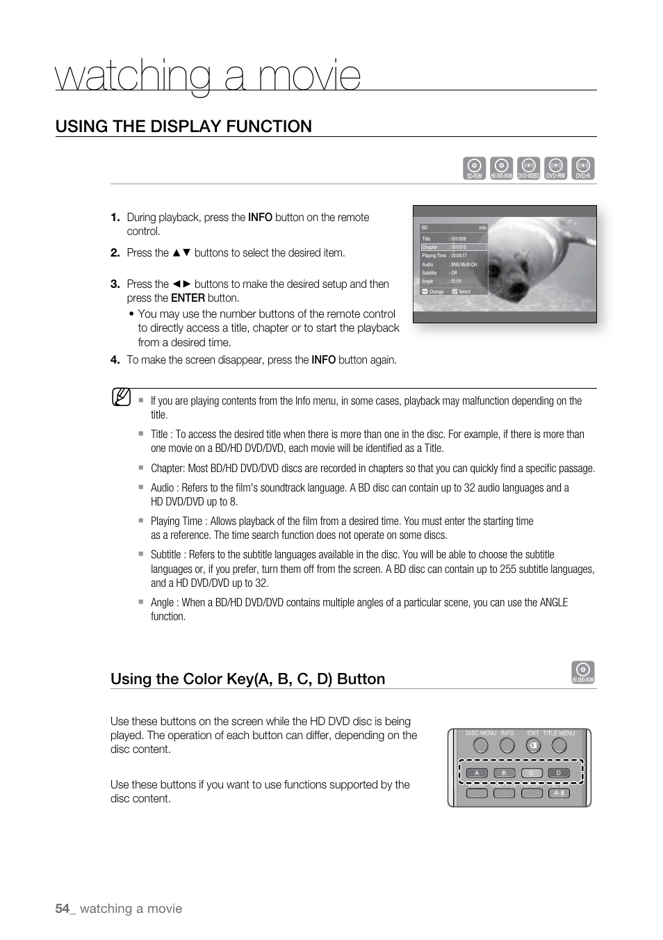 Watching a movie, Using the display function, Hazcv | Using the color key(a, b, c, d) button | Samsung BD-UP5000 User Manual | Page 55 / 69