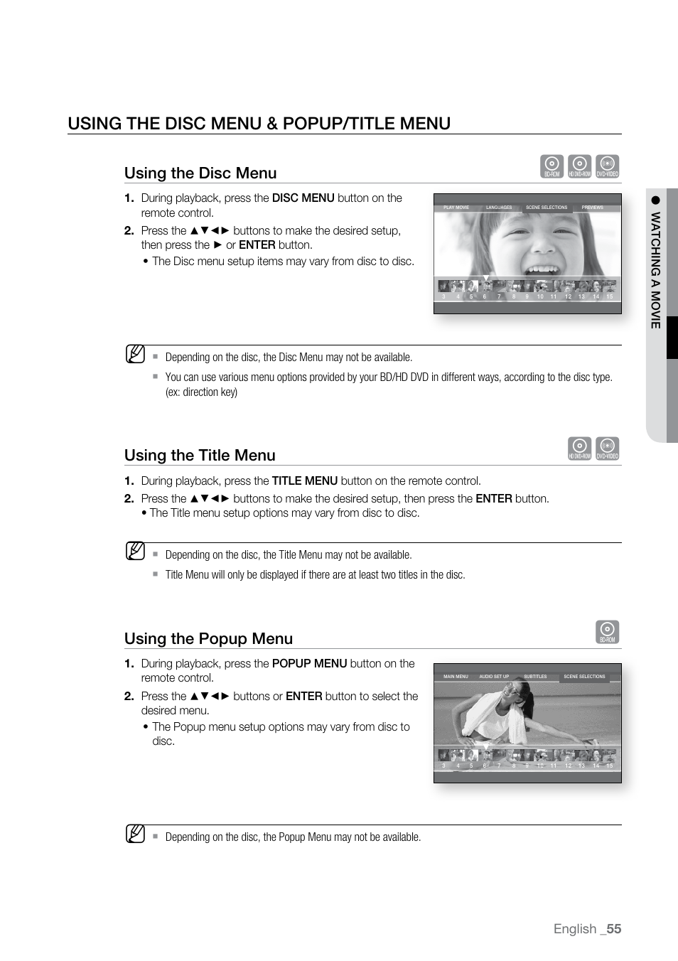 Using the disc menu & popup/title menu, Using the disc menu, Using the title menu | Using the popup menu | Samsung BD-UP5000 User Manual | Page 56 / 69