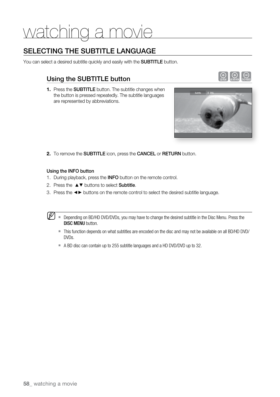 Selecting the subtitle language, Watching a movie | Samsung BD-UP5000 User Manual | Page 59 / 69