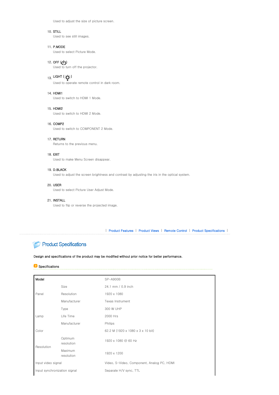 Product specifications | Samsung SP-A900B User Manual | Page 13 / 41