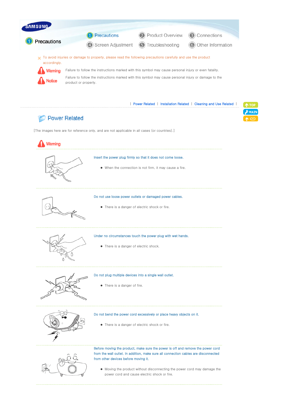 Precautions, Power related | Samsung SP-A900B User Manual | Page 2 / 41