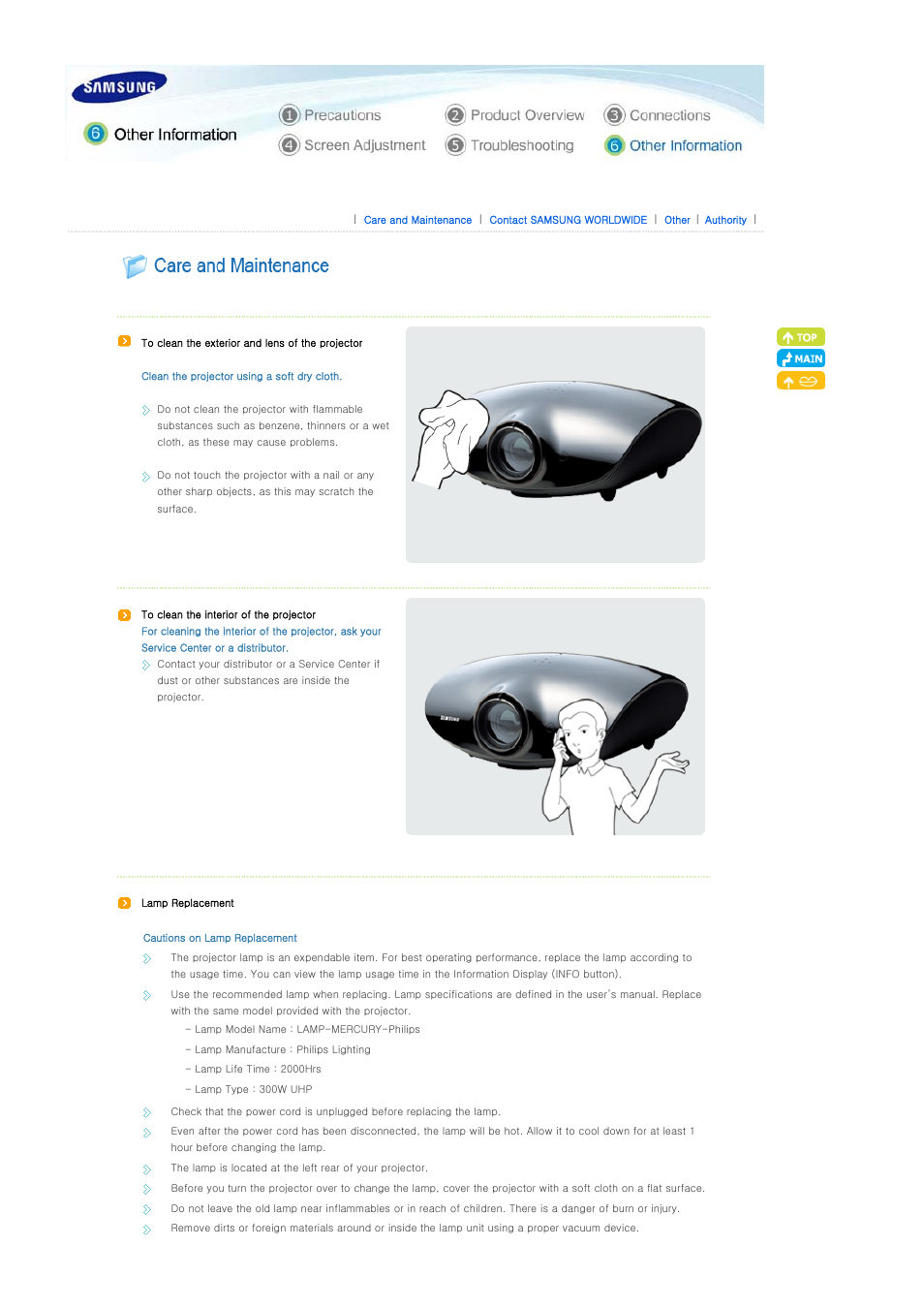 Other information, Care and maintenance | Samsung SP-A900B User Manual | Page 36 / 41