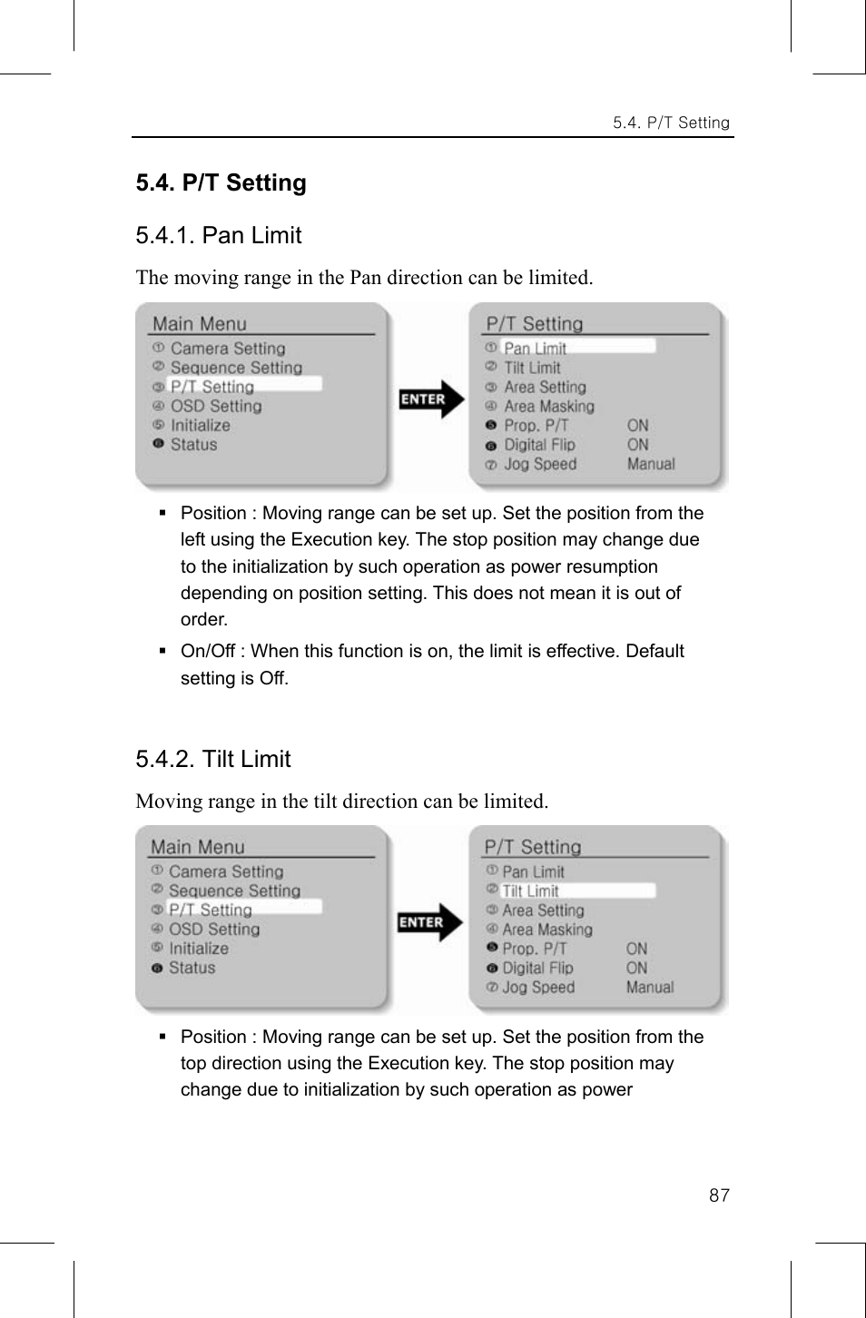 P/t setting 5.4.1. pan limit, Tilt limit | Samsung SNP-1000A User Manual | Page 91 / 118