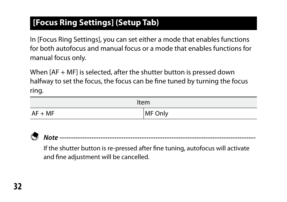 Focus ring settings] (setup tab) | Samsung GR LENS A12 User Manual | Page 32 / 52