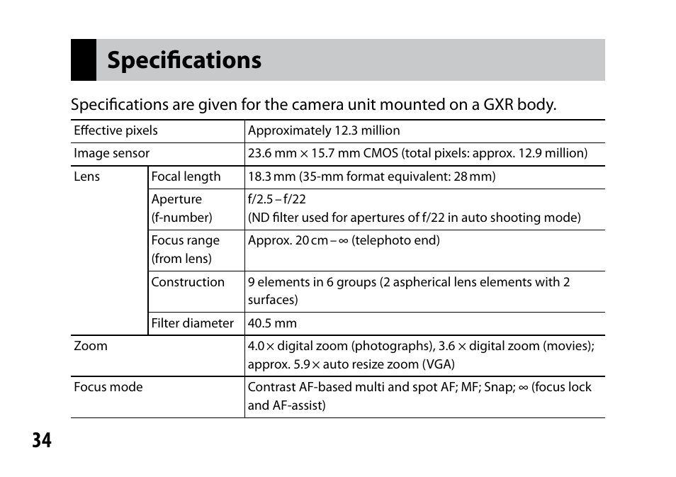 Specifications | Samsung GR LENS A12 User Manual | Page 34 / 52