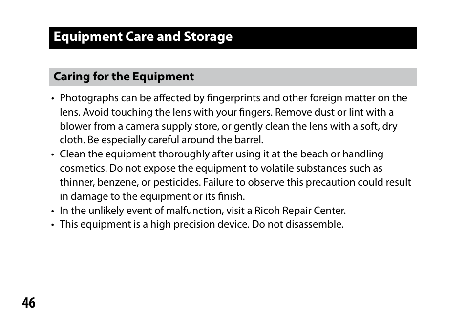 Equipment care and storage | Samsung GR LENS A12 User Manual | Page 46 / 52