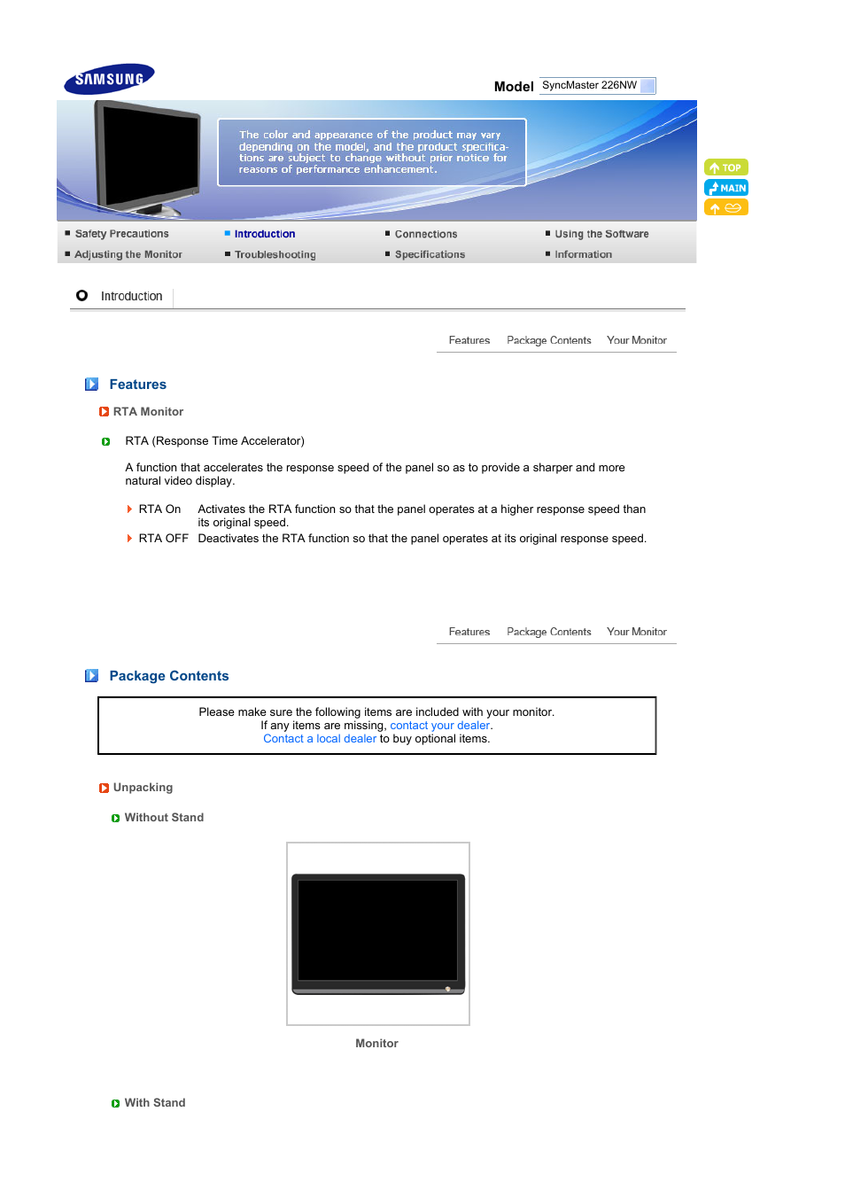Introduction, Features, Package contents | Samsung 226NW User Manual | Page 11 / 52