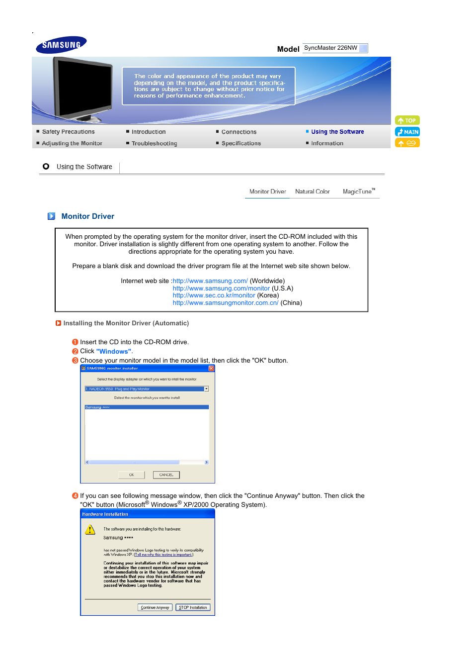 Using the software, Monitor driver | Samsung 226NW User Manual | Page 18 / 52