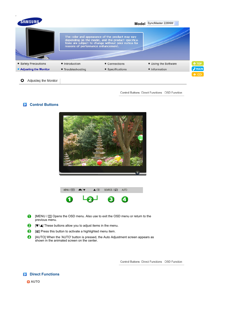 Adjusting the monitor, Control buttons, Direct functions | Samsung 226NW User Manual | Page 27 / 52