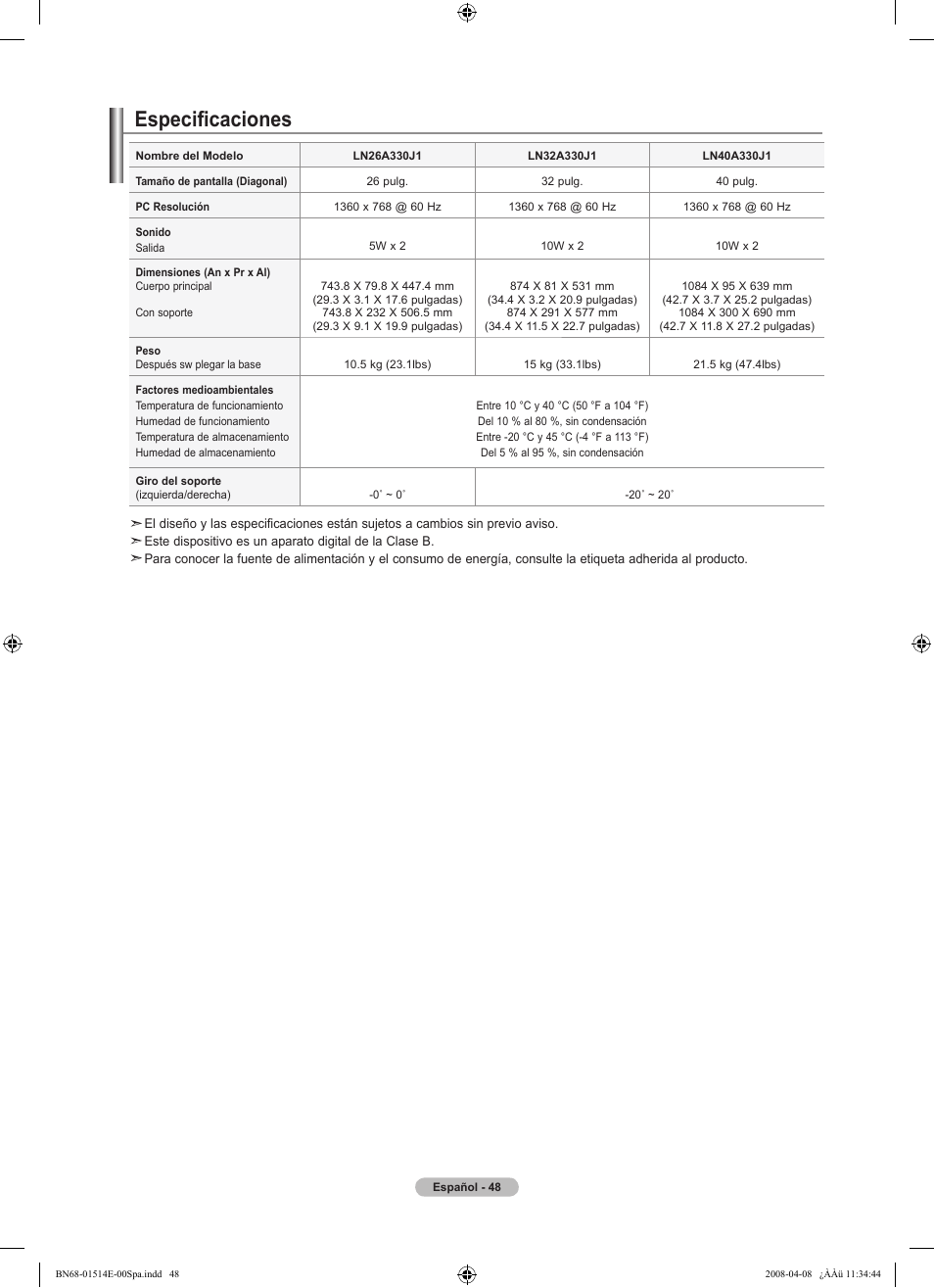 Especificaciones | Samsung Digimax 330 User Manual | Page 100 / 102