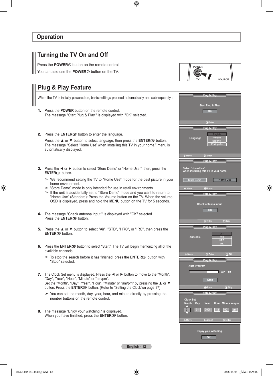 Operation, Turning the tv on and off, Plug & play feature | Operation plug & play feature | Samsung Digimax 330 User Manual | Page 14 / 102