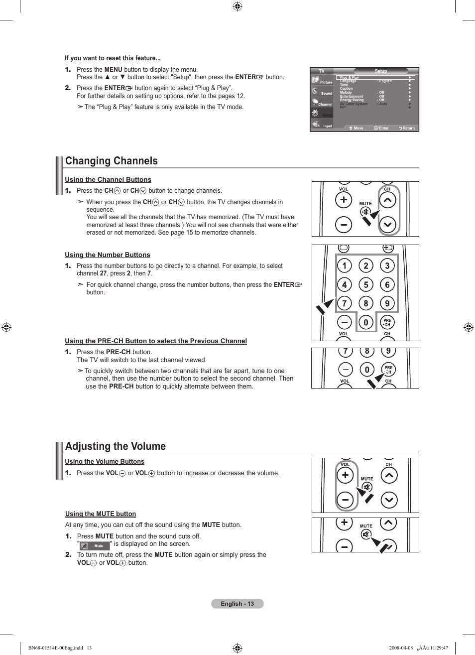 Changing channels, Adjusting the volume | Samsung Digimax 330 User Manual | Page 15 / 102