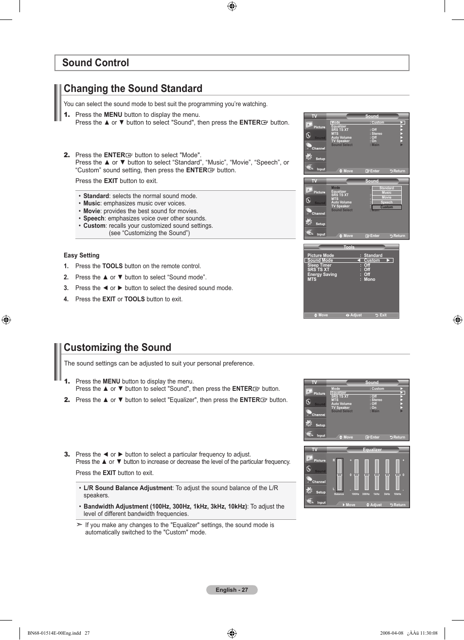 Sound control, Changing the sound standard, Customizing the sound | Samsung Digimax 330 User Manual | Page 29 / 102