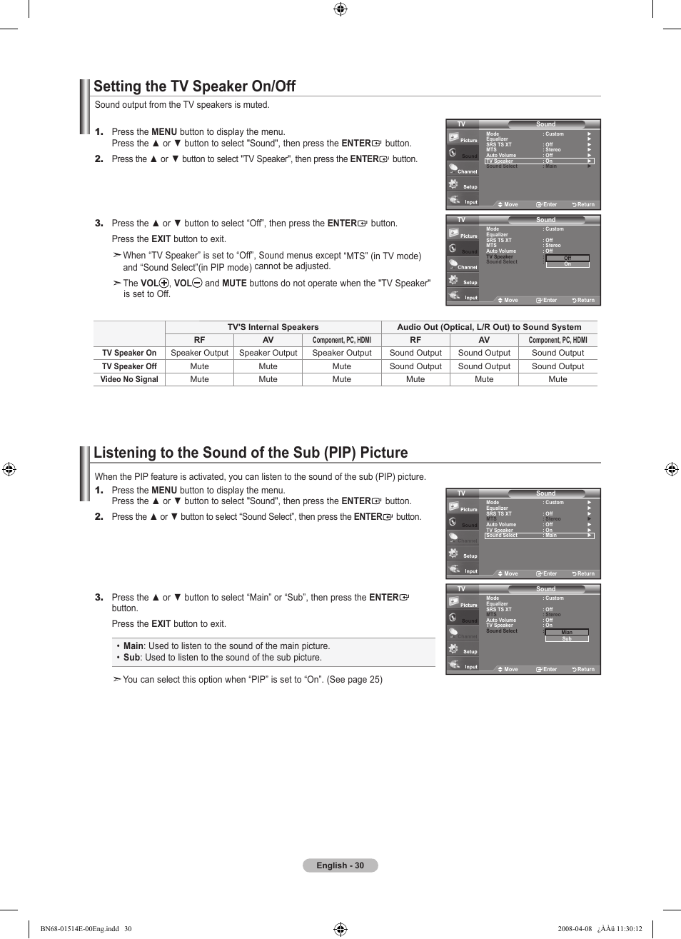 Setting the tv speaker on/off, Listening to the sound of the sub (pip) picture | Samsung Digimax 330 User Manual | Page 32 / 102