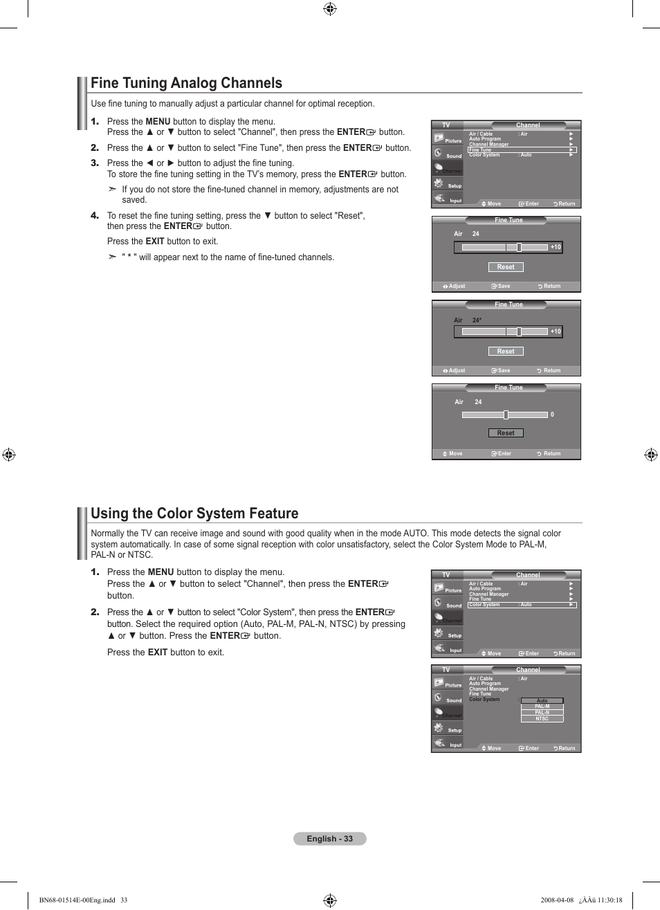 Fine tuning analog channels, Resetusing the color system feature, Using the color system feature | Samsung Digimax 330 User Manual | Page 35 / 102