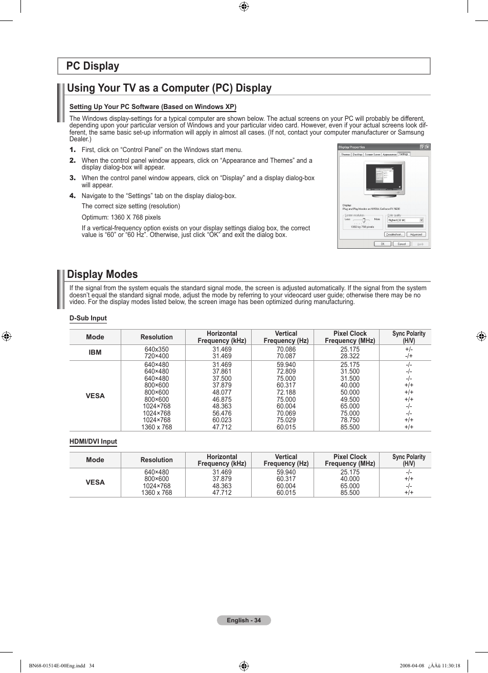 Pc display, Using your tv as a computer (pc) display, Display modes | Samsung Digimax 330 User Manual | Page 36 / 102