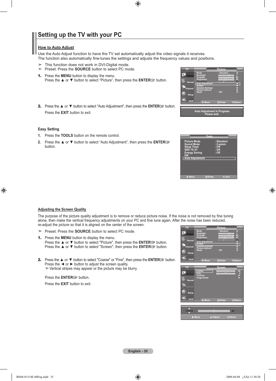 Setting up the tv with your pc, This function does not work in dvi-digital mode | Samsung Digimax 330 User Manual | Page 37 / 102