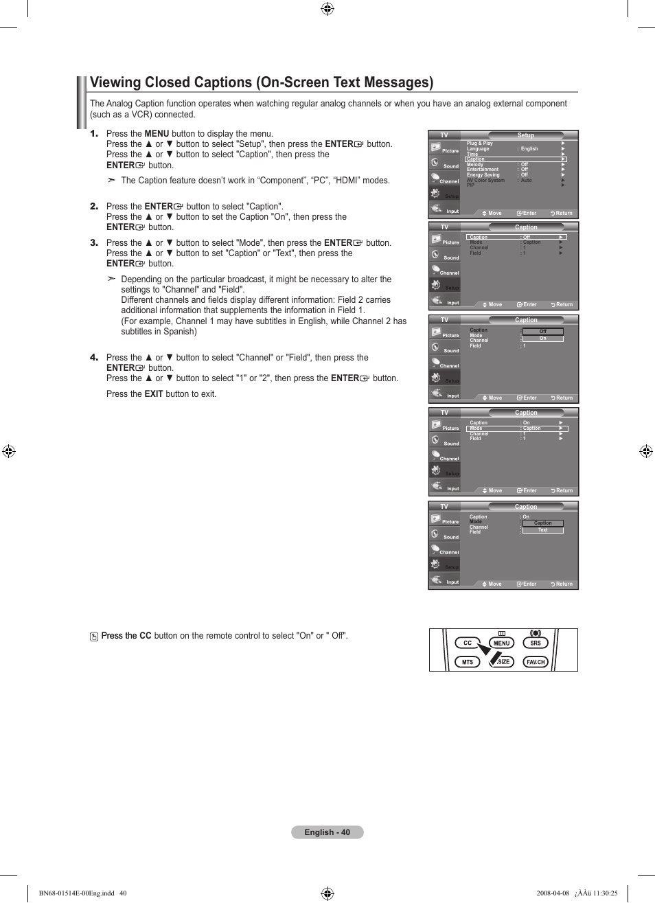 Viewing closed captions (on-screen text messages) | Samsung Digimax 330 User Manual | Page 42 / 102