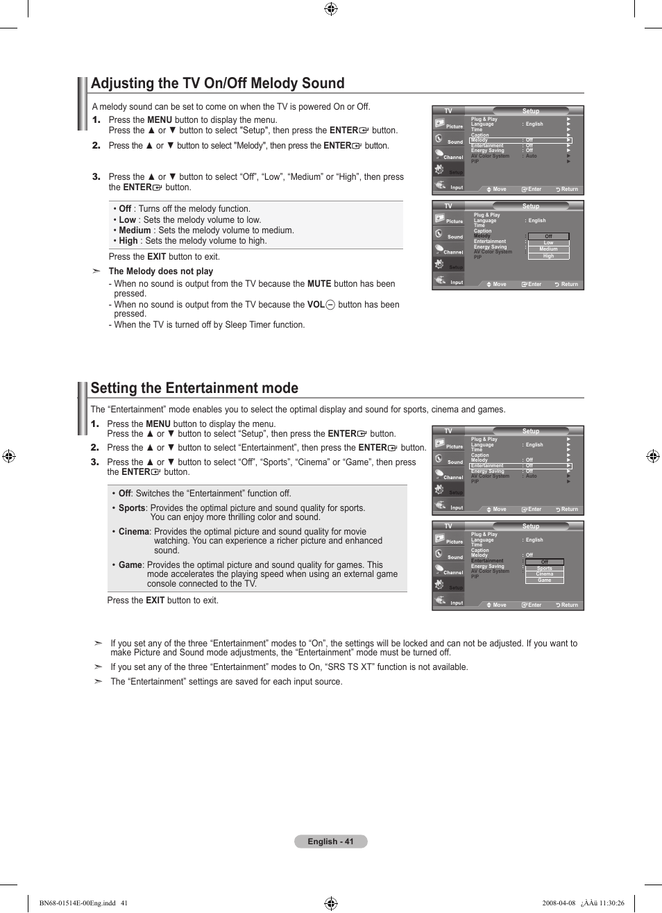 Adjusting the tv on/off melody sound, Setting the entertainment mode | Samsung Digimax 330 User Manual | Page 43 / 102