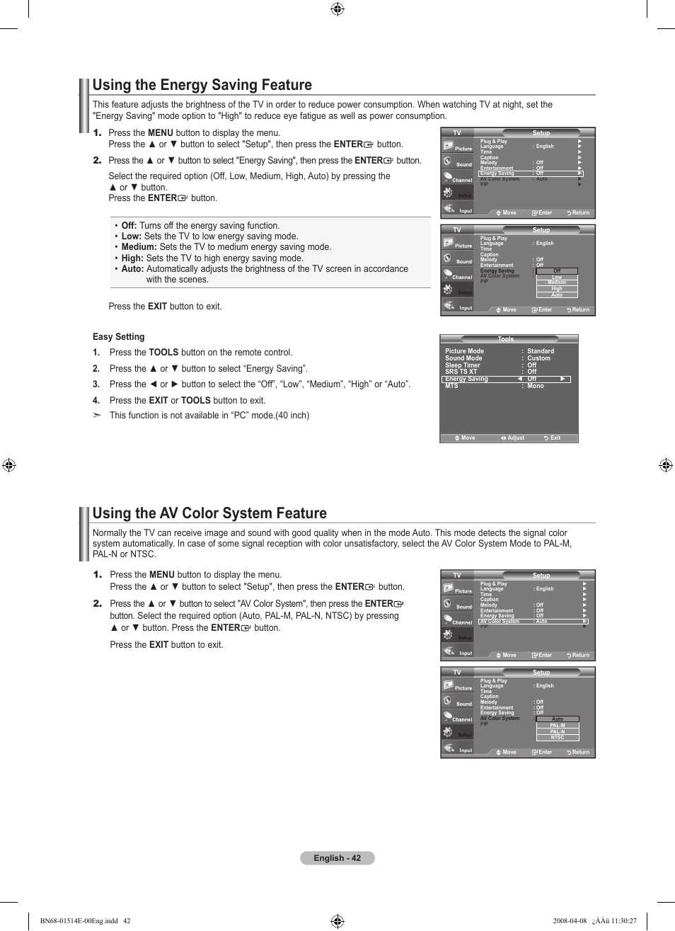 Using the energy saving feature, Using the av color system feature | Samsung Digimax 330 User Manual | Page 44 / 102