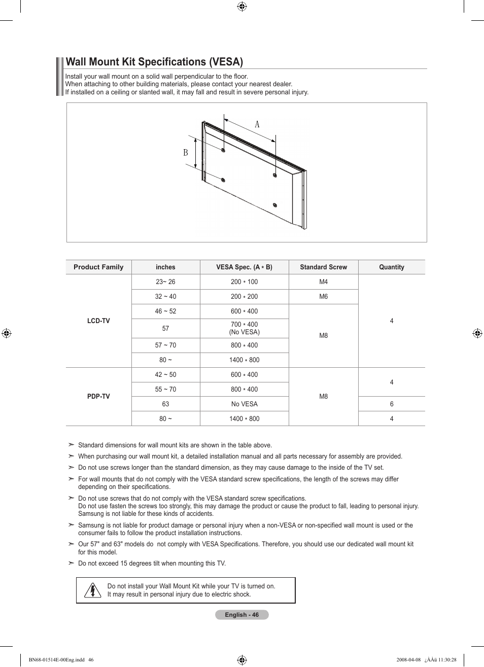 Wall mount kit specifications (vesa) | Samsung Digimax 330 User Manual | Page 48 / 102
