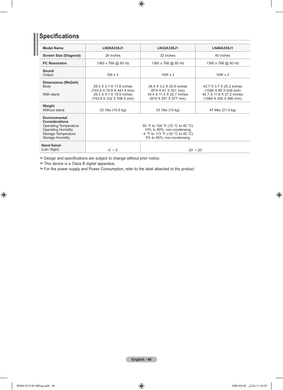 Specifications | Samsung Digimax 330 User Manual | Page 50 / 102