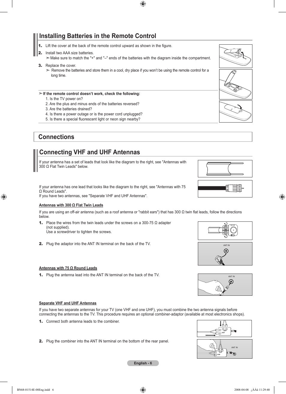 Installing batteries in the remote control, Connections, Connecting vhf and uhf antennas | Samsung Digimax 330 User Manual | Page 8 / 102