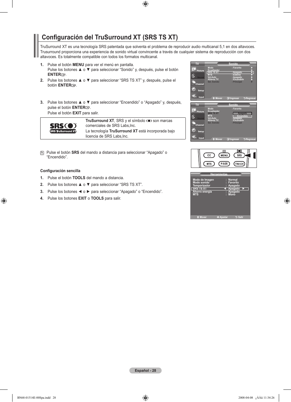 Configuración del trusurround xt (srs ts xt) | Samsung Digimax 330 User Manual | Page 80 / 102