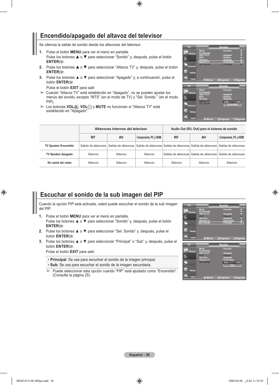 Encendido/apagado del altavoz del televisor, Escuchar el sonido de la sub imagen del pip | Samsung Digimax 330 User Manual | Page 82 / 102