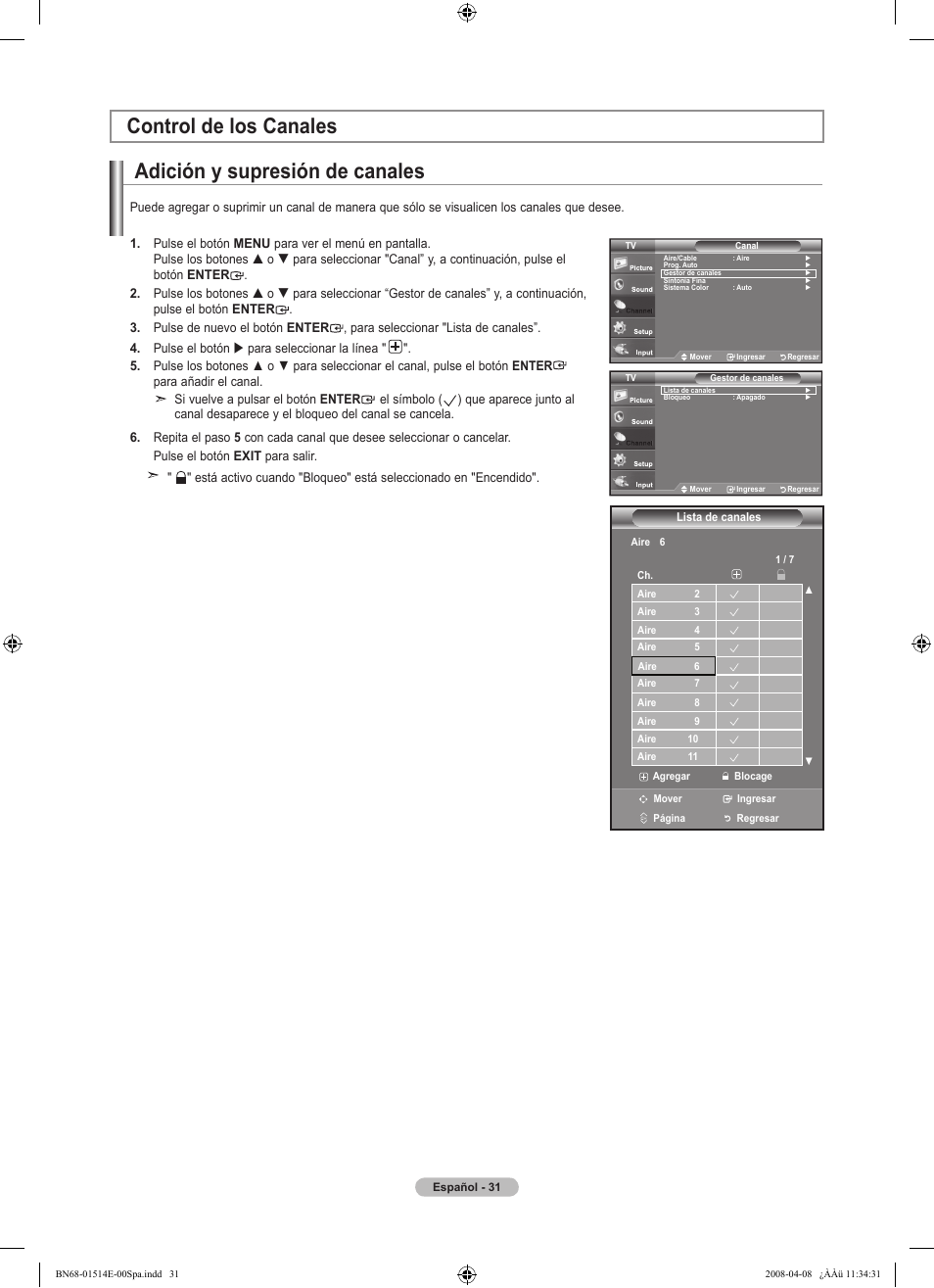 Adición y supresión de canales, Control de los canales | Samsung Digimax 330 User Manual | Page 83 / 102