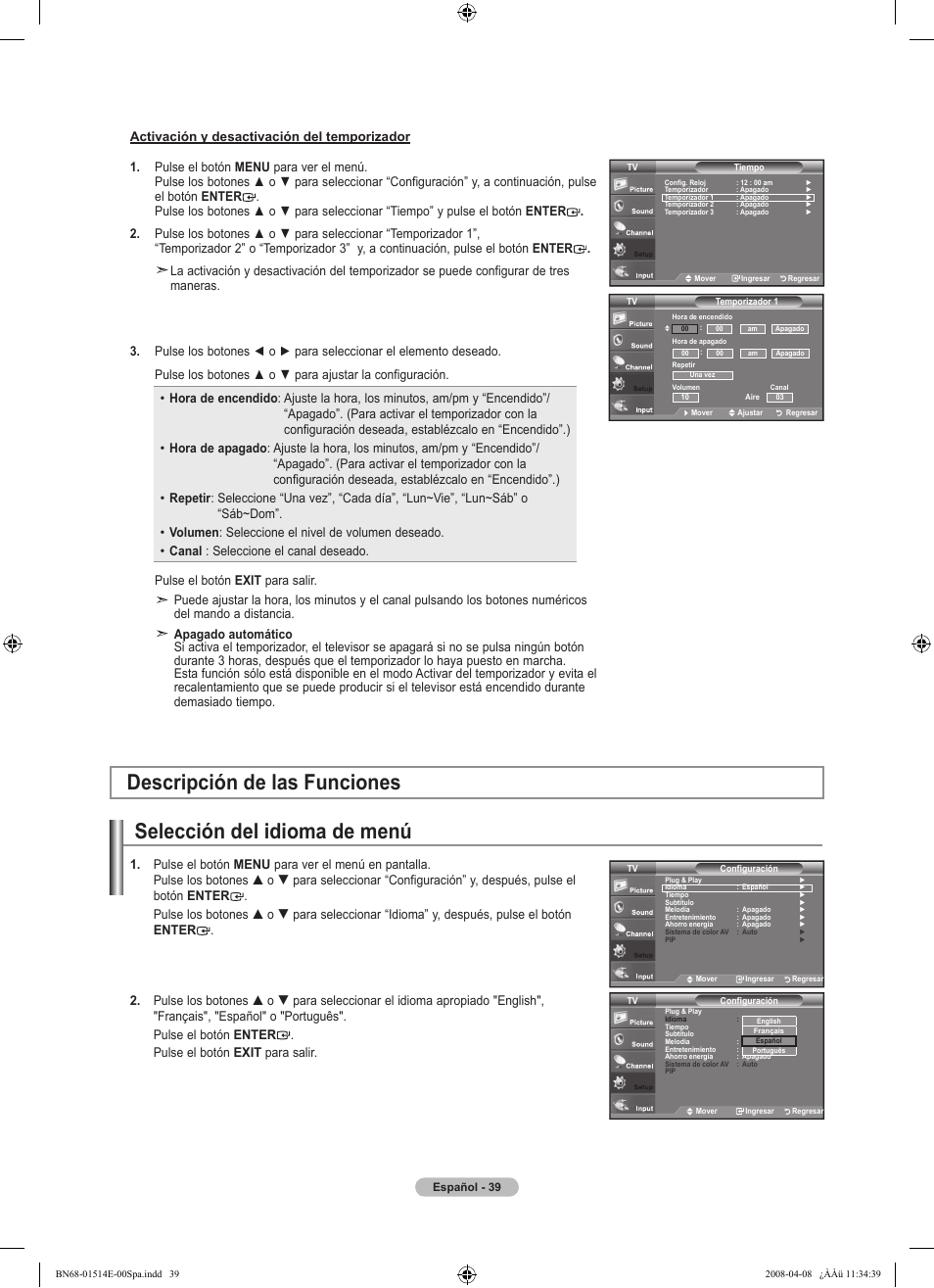 Selección del idioma de menú, Descripción de las funciones | Samsung Digimax 330 User Manual | Page 91 / 102