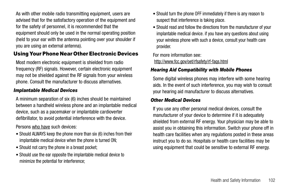 Using your phone near other electronic devices, Implantable medical devices, Hearing aid compatibility with mobile phones | Other medical devices | Samsung Byline SCH-R310 User Manual | Page 105 / 120